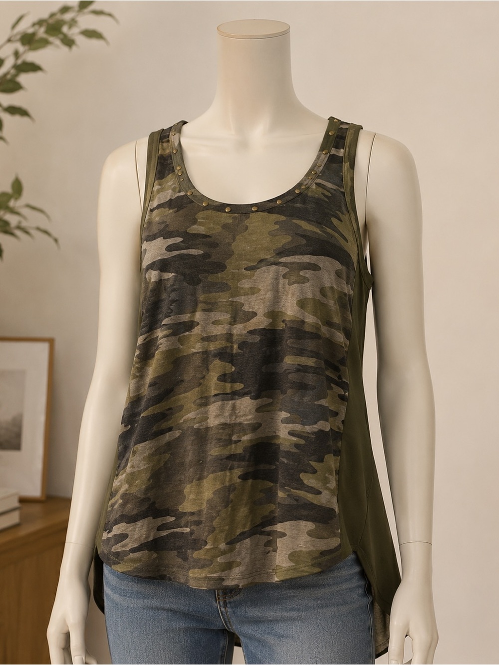 Express XS Camo Mixed Media Tank Top Sheer High Low Back Studded